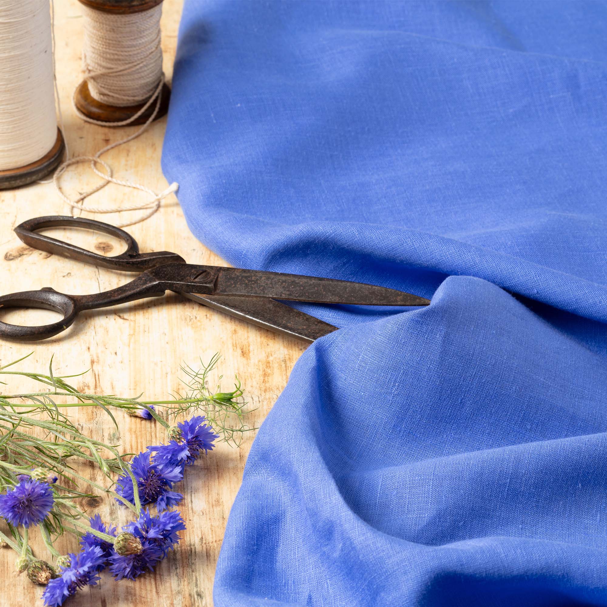 Cornflower blue linen fabric, ready to cut, with vintage scissors, thread bobbins and fresh cornflowers