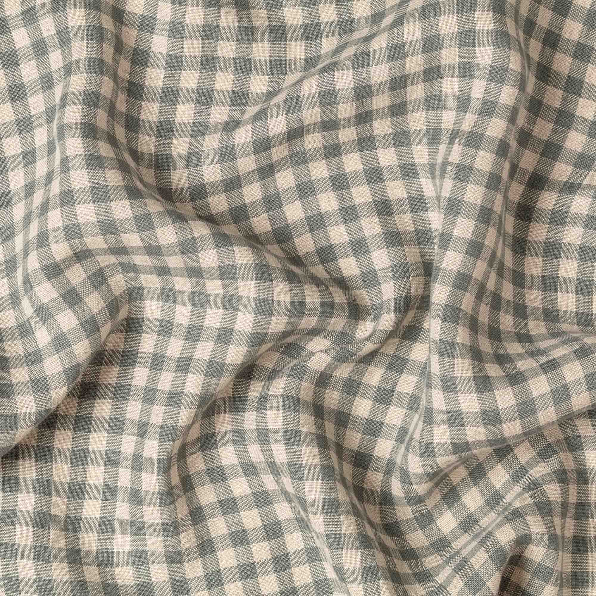 Fine Green & Natural Gingham linen fabric, crumpled to show its natural texture, washed European flax