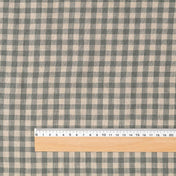 Fine Green & Natural Gingham linen fabric, flat lay with ruler