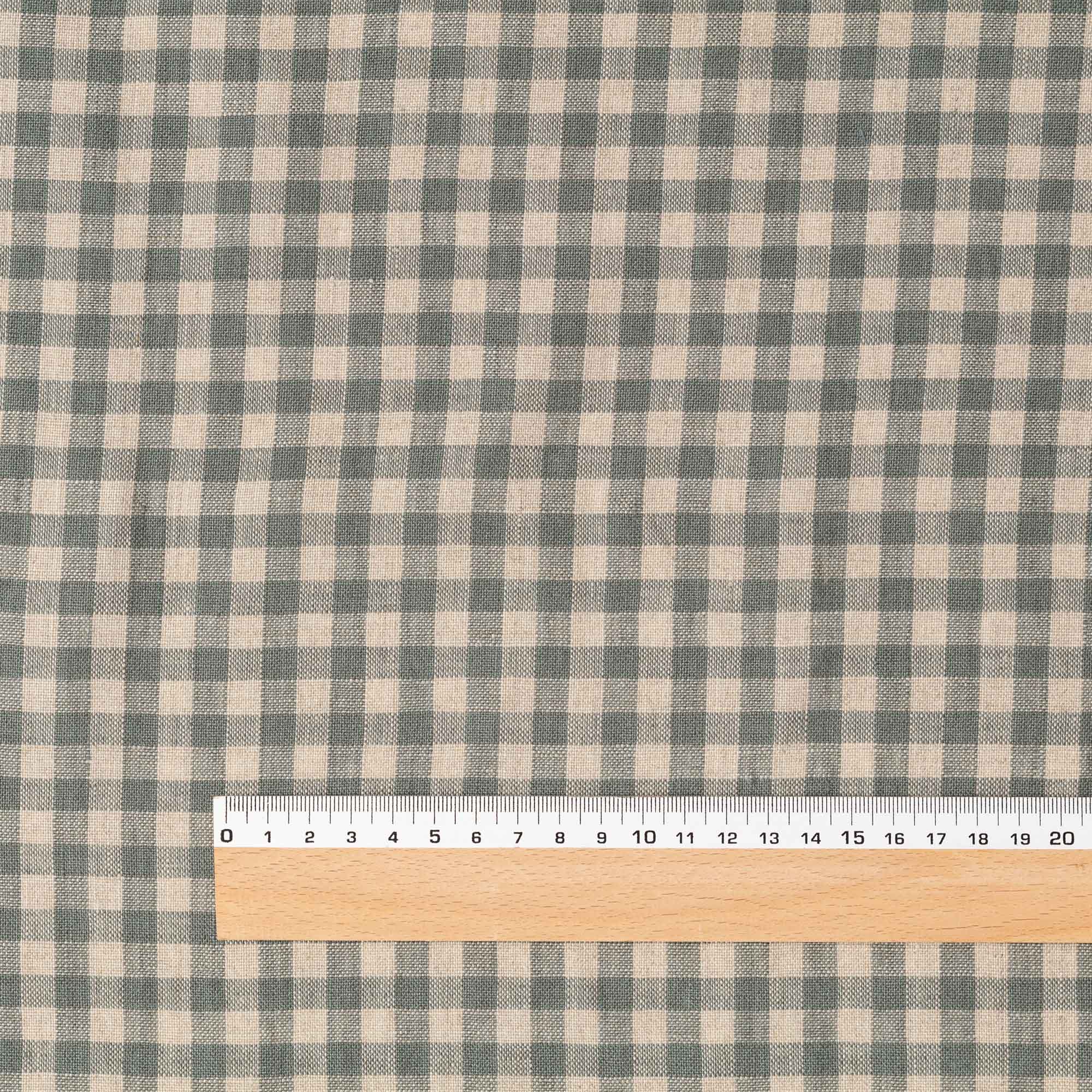 Fine Green & Natural Gingham linen fabric, flat lay with ruler