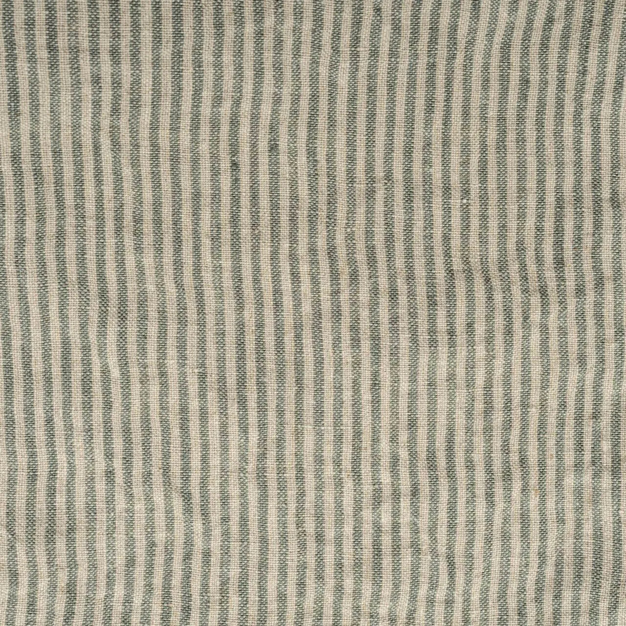 Greyish Green Stripes linen fabric, flat lay showing its natural weave, washed European flax