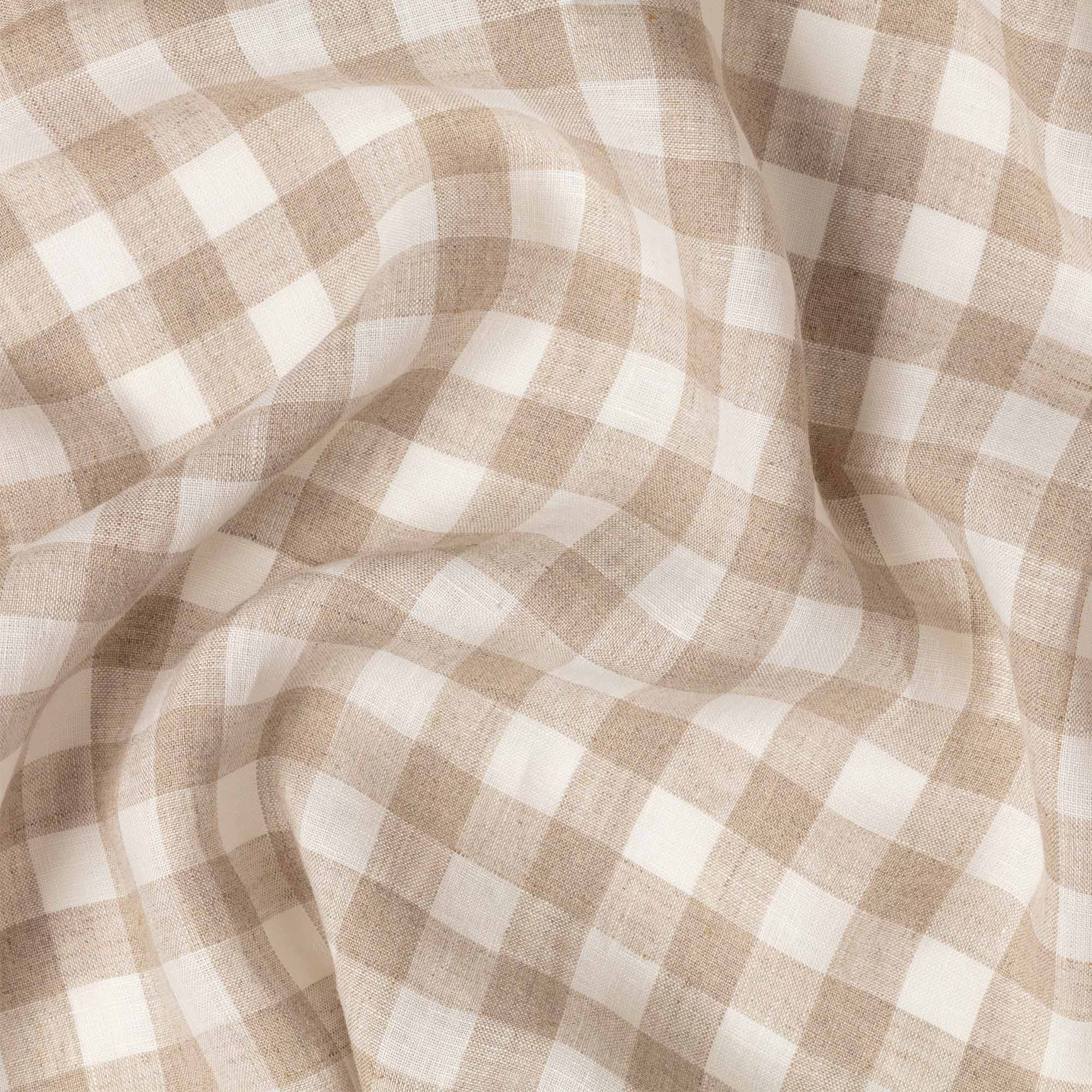 Natural & White Gingham linen fabric, crumpled to show its natural texture, washed European flax