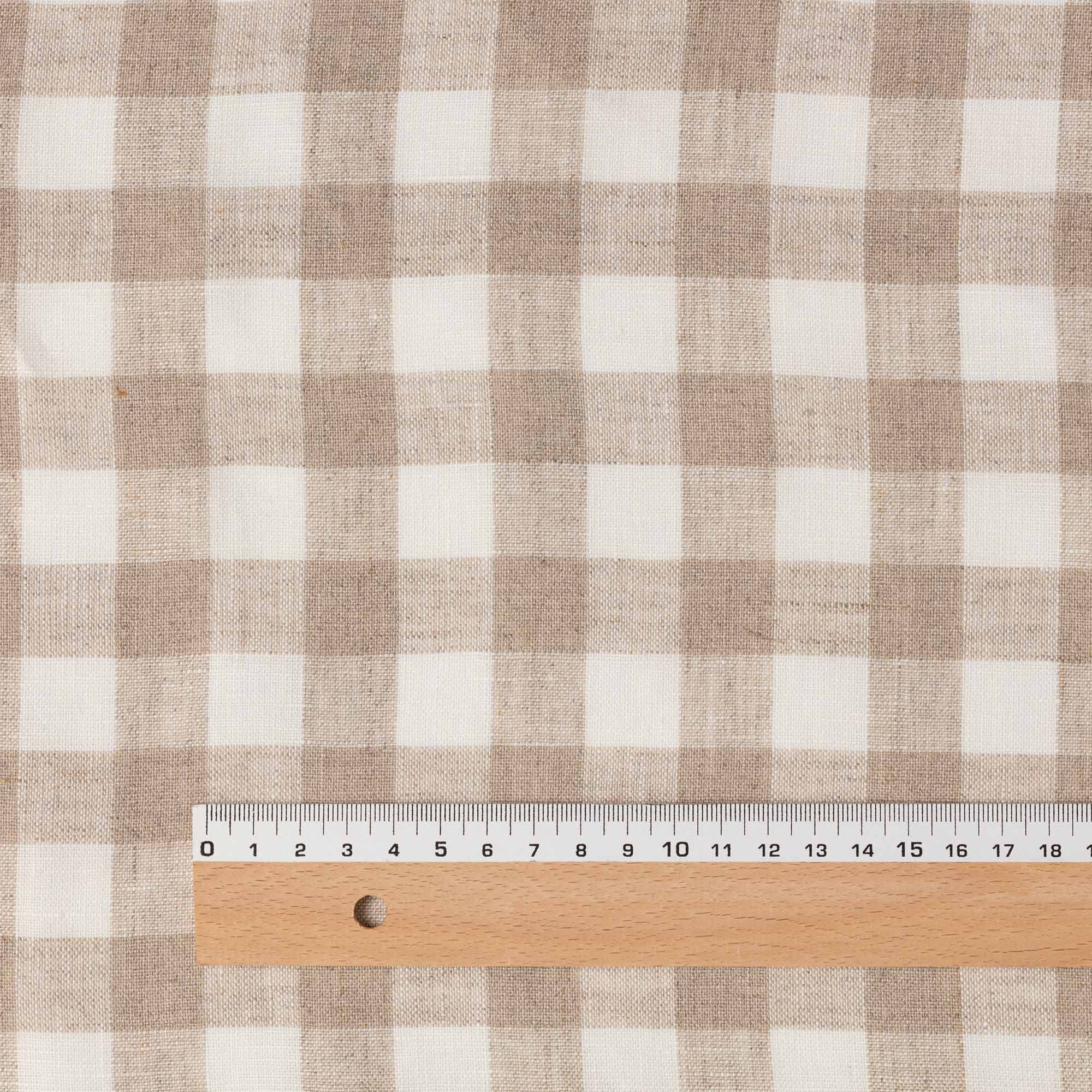 Natural & White Gingham linen fabric, flat lay showing its natural weave, with ruler showing pattern repeat
