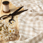 Natural & White Gingham linen fabric, ready to cut, with scissors, thread bobbins and flowers